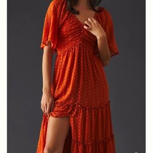 Anthropologie Ruched Orange Tiered Open Back Dress Size Medium